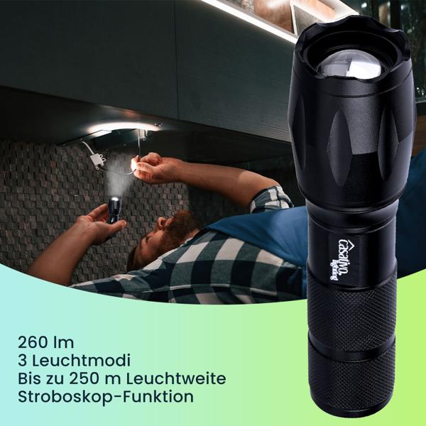 2er-Set LED-Taschenlampe & Powerbank - Spritzwassergeschützt IP44, 260 lm, 1.800 mAh Li-Ion-Akku - Outdoor, Notfall & Home Workout