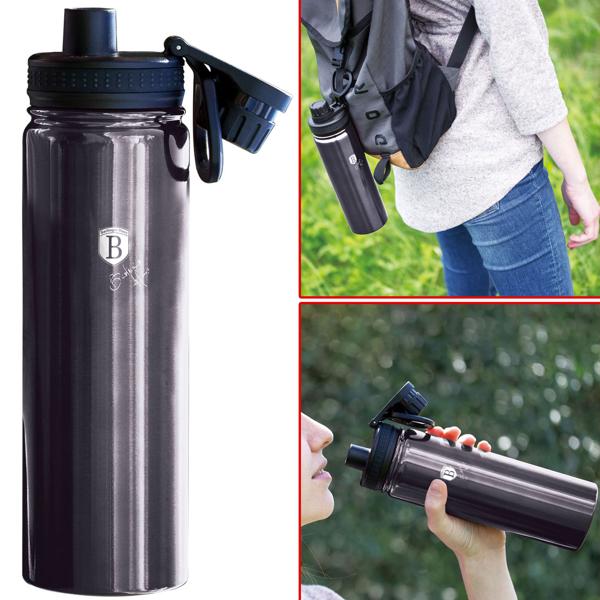 Trinkflasche 540ml Edelstahl Metallic-Dunkelgrau - Robust für Sport & Unterwegs - Hält Getränke lange heiss/kalt - Rutschfester Silikonboden