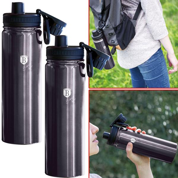 Trinkflasche 2er-Set - Sportflasche 540ml Edelstahl - Metallic-Dunkelgrau - Robust, doppelwandig isoliert, rutschfest für Sport, Arbeit & Reise