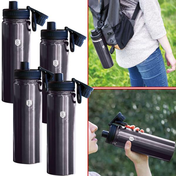 4er-Set Trinkflaschen - je 540 ml - Ideal für Sport, Outdoor & Arbeit - Edelstahl, Metallic-Dunkelgrau - Hält heiss/kalt - Rutschfester Boden
