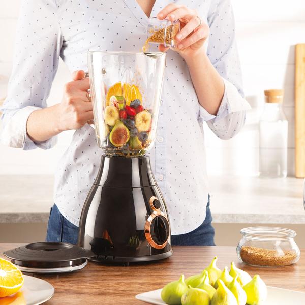 Design Standmixer 1,5 Liter: Stilvoller 600 Watt Mixer in Schwarz-Roségold mit robustem Glaskrug. Maximale Leistung und ein Highlight in jeder Küche