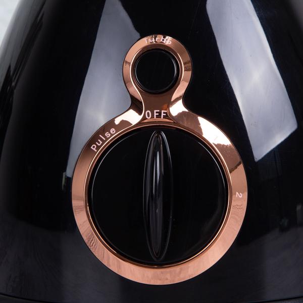 Design Standmixer 1,5 Liter: Stilvoller 600 Watt Mixer in Schwarz-Roségold mit robustem Glaskrug. Maximale Leistung und ein Highlight in jeder Küche