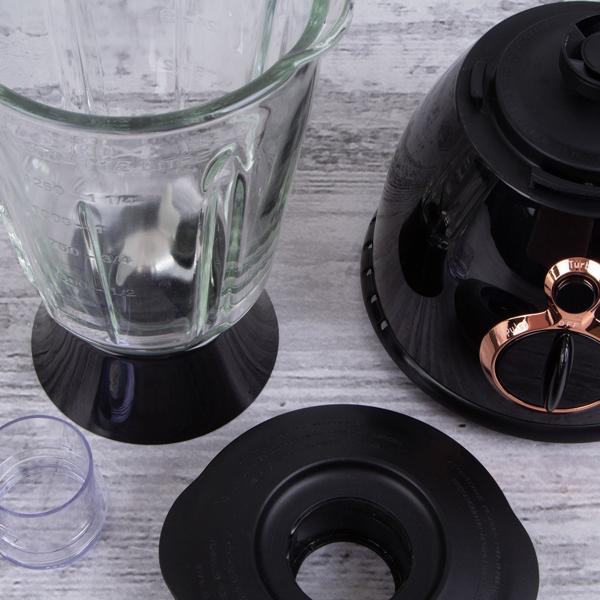 Design Standmixer 1,5 Liter: Stilvoller 600 Watt Mixer in Schwarz-Roségold mit robustem Glaskrug. Maximale Leistung und ein Highlight in jeder Küche