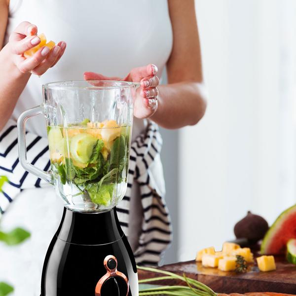 Design Standmixer 1,5 Liter: Stilvoller 600 Watt Mixer in Schwarz-Roségold mit robustem Glaskrug. Maximale Leistung und ein Highlight in jeder Küche