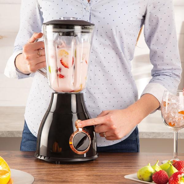 Design Standmixer 1,5 Liter: Stilvoller 600 Watt Mixer in Schwarz-Roségold mit robustem Glaskrug. Maximale Leistung und ein Highlight in jeder Küche