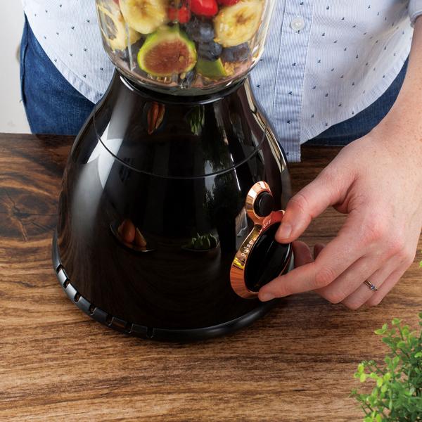 Design Standmixer 1,5 Liter: Stilvoller 600 Watt Mixer in Schwarz-Roségold mit robustem Glaskrug. Maximale Leistung und ein Highlight in jeder Küche