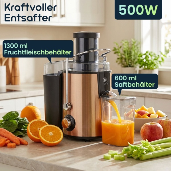 Kraftvoller Entsafter für Obst & Gemüse, 500W, großem Fruchtfleischbehälter & 600 ml Saftbehälter – edles Design in Roségold für frische Säfte