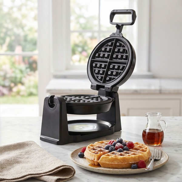 Stylisches Dreh-Waffeleisen: starke 1000 Watt, rosé-gold, für belgische Waffeln – für fluffige, perfekte Waffeln wie vom Profi