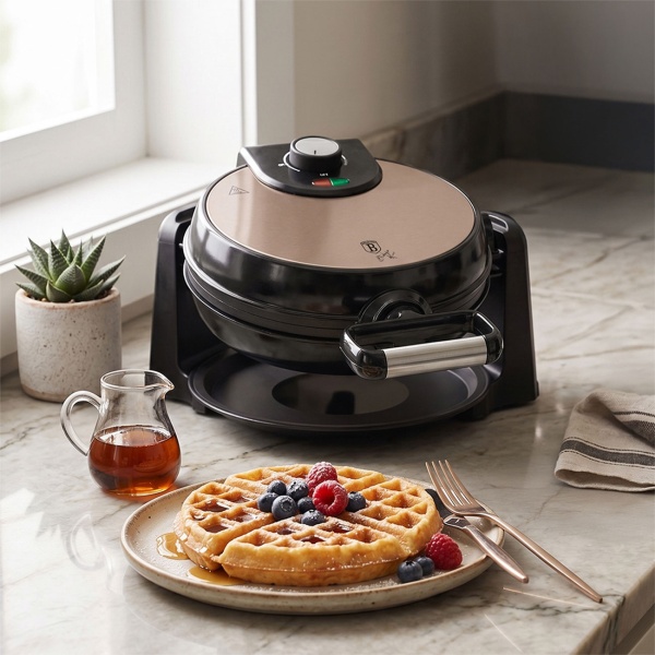 Stylisches Dreh-Waffeleisen: starke 1000 Watt, rosé-gold, für belgische Waffeln – für fluffige, perfekte Waffeln wie vom Profi