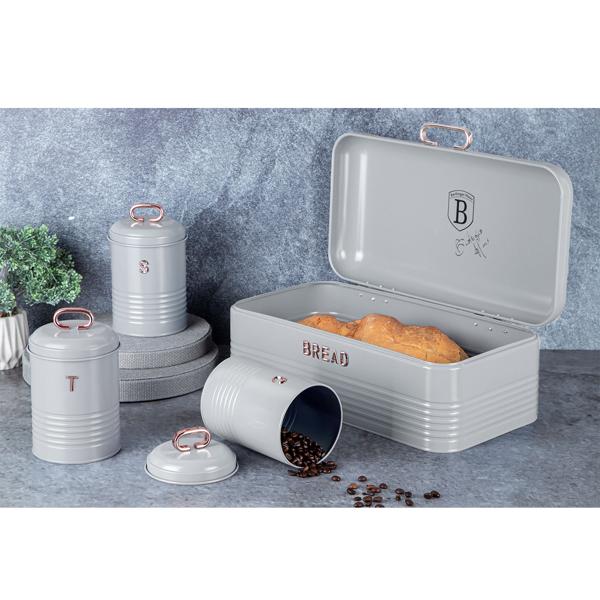 Vintage-Vorratsbehälter-Set: Edelstahl, edles grau-rosegold, Brotbox, Kaffeedose, Zuckerdose, Teedose mit Aufdruck, für nostalgische & stilvolle Aufbewahrung