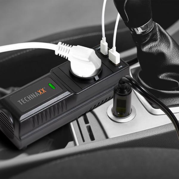 Leistungsstarker Kfz-Wechselrichter 12V auf 230V mit Steckdose & 2 USB-Ports, ideal für Auto, Camping & Reisen, zuverlässige Stromversorgung