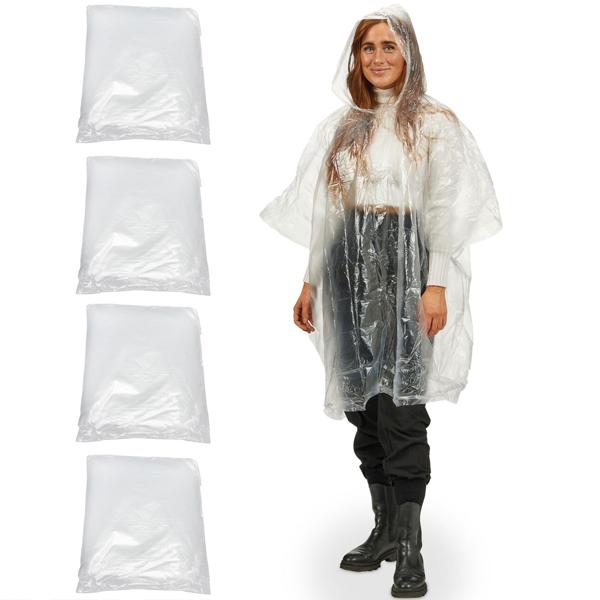 4er-Set Notfall Regenponcho - transparent mit Kapuze & Ärmeln, ca. 120cm - ultraleicht, kompakt, PE-Kunststoff, für Wanderungen, Festivals, Camping