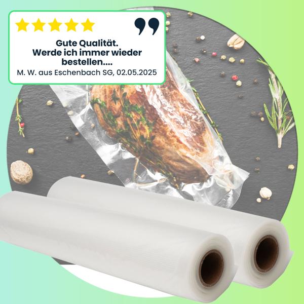 Vakuumiergerät 110 Watt - Effektives Vakuumieren fester & flüssiger Lebensmittel für Sous-Vide & Marinieren - Inkl. 3er-Folienrollen Set