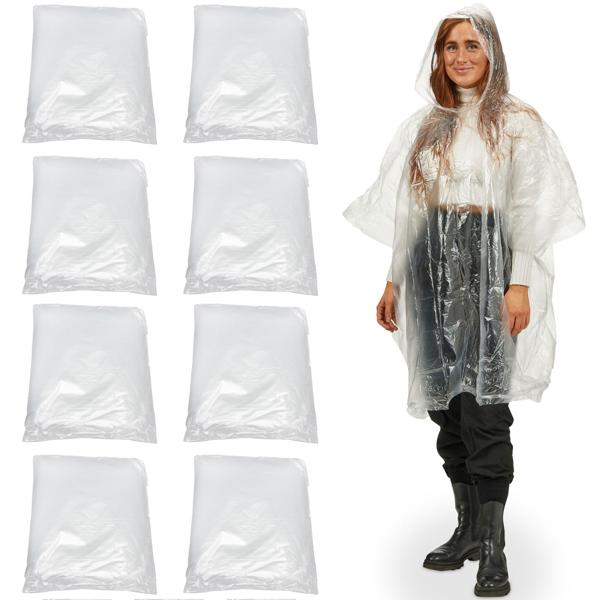 8er-Set Notfall Regenponcho transparent mit Kapuze und Ärmeln - Schutz vor Regen - ideal für Wanderungen Festivals Konzerte Camping