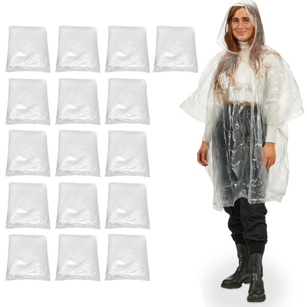 16er-Set Notfall Regenponcho - transparent, mit Kapuze & Ärmeln, wiederverwendbar - robustes PE-Material, 20g, ca. 122x125cm - für Wanderungen
