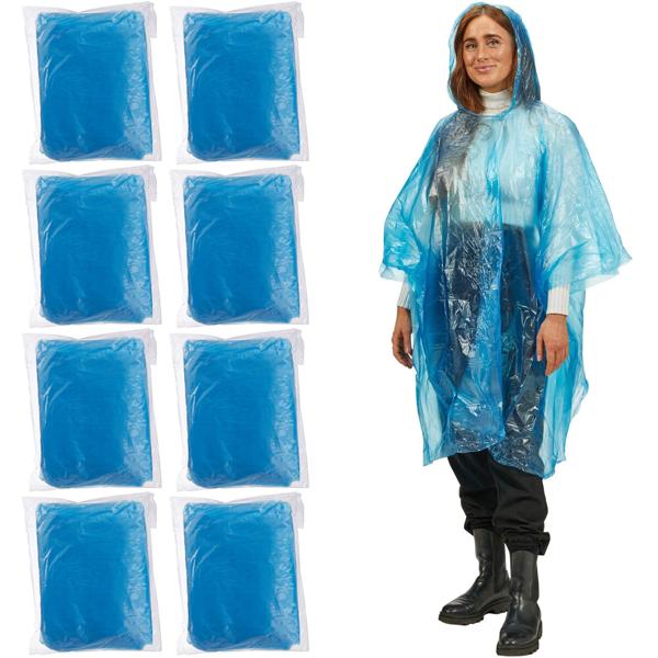 8er-Set Notfall Regenponcho - Zuverlässiger Schutz für Wanderungen & Festivals - Blau, PE-Material, Kapuze & Ärmel, 120cm Länge, 20g Gewicht