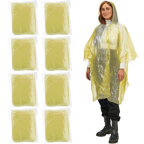 8er-Set Notfall Regenponcho gelb - zuverlässiger Schutz vor Regen - mit Kapuze & Ärmeln - platzsparend verstaubar - ideal für Outdoor, Festivals & Camping