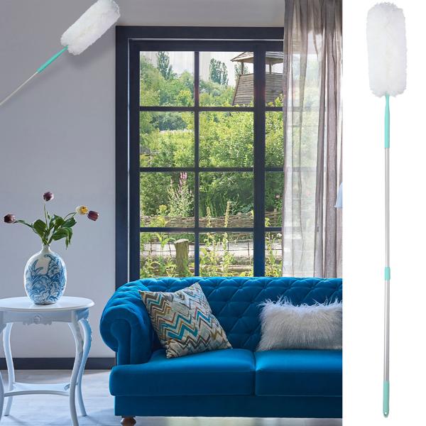 Staubwedel mit Teleskop-Griff aus Aluminium - Waschbar & Wiederverwendbar - Für schnelle Staubentfernung bis 1,6m - Weiss/Blau