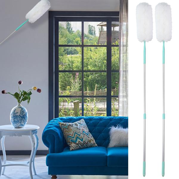 2er-Set Staubwedel mit Teleskop-Griff aus Aluminium - Schnelle Staubentfernung - 117-160cm - Waschbar - Weiss/Blau - Für alle Oberflächen