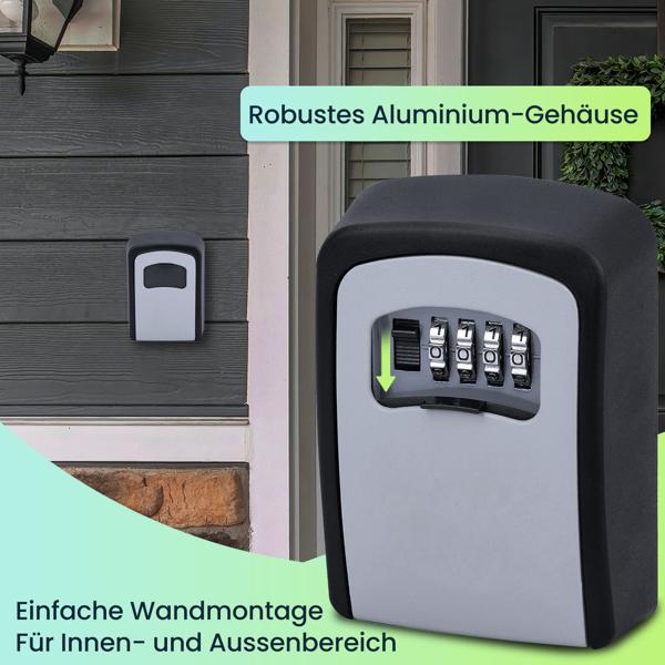 Extra sicherer Mini Schlüssel-Safe mit Zahlenschloss, robustem Aluminium Gehäuse und Schutzklappe - wetterfest für drinnen und draussen