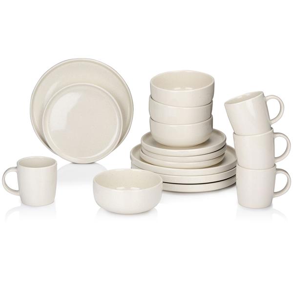 Geschirr-Set Steingut 16-teilig creme - Mikrowellen-/Spülmaschinengeeignet - 4x Speiseteller Ø 26.5 cm - 4x Schüsseln Ø 15 cm - 4x Frühstücksteller Ø 20 cm - 4x Tassen 350 ml