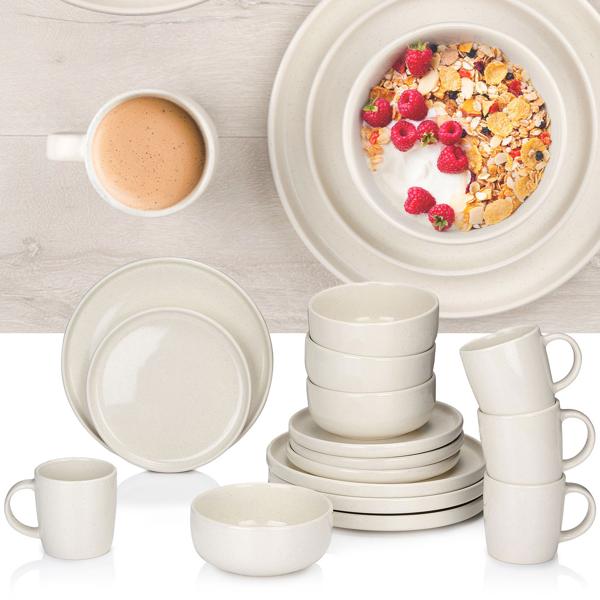 Geschirr-Set Steingut 16-teilig creme - Mikrowellen-/Spülmaschinengeeignet - 4x Speiseteller Ø 26.5 cm - 4x Schüsseln Ø 15 cm - 4x Frühstücksteller Ø 20 cm - 4x Tassen 350 ml