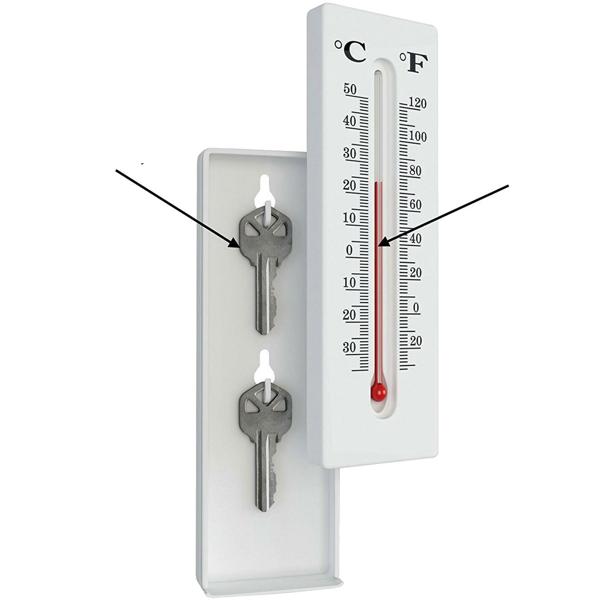 Thermometer mit Geheimversteck - Schlüsselversteck für 2 Schlüssel & Bargeld - Aussen-Temperaturanzeige °C/°F - 16x5x2,5cm weiss - wetterfest & robust