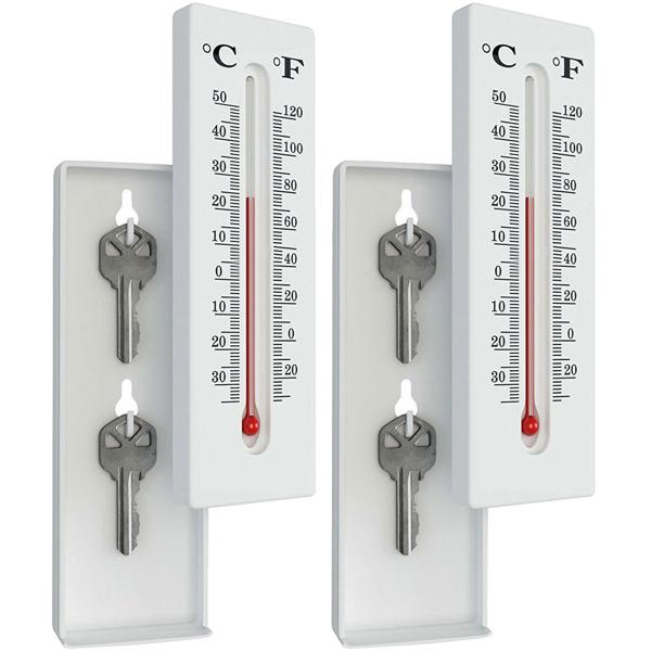 2er-Set Thermometer mit Geheimversteck - Schlüsselversteck für 2 Schlüssel & Bargeld - Aussen-Thermo-Hygrometer 16x5x2,5cm - °C/°F Anzeige