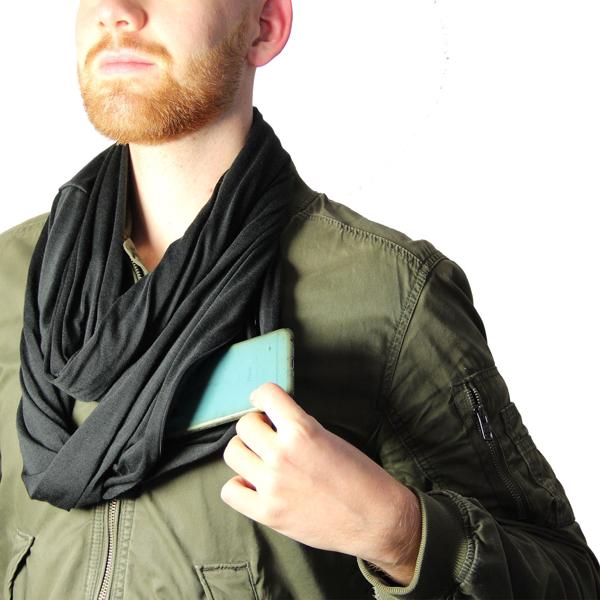 Rundschal mit Geheimfach - Versteckte Reissverschlusstasche für Wertsachen - Weiches Baumwoll-Polyester-Gemisch, Schwarz - 25x88cm