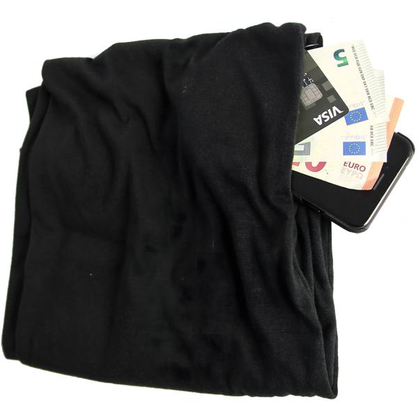 Rundschal mit Geheimfach - Versteckte Reissverschlusstasche für Wertsachen - Weiches Baumwoll-Polyester-Gemisch, Schwarz - 25x88cm