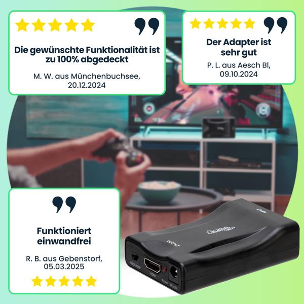 Scart zu HDMI Konverter, 720p/1080p, inkl. 1,5m Scart-Kabel – Verbinden Sie alte Geräte mit modernen HDMI-Fernsehern