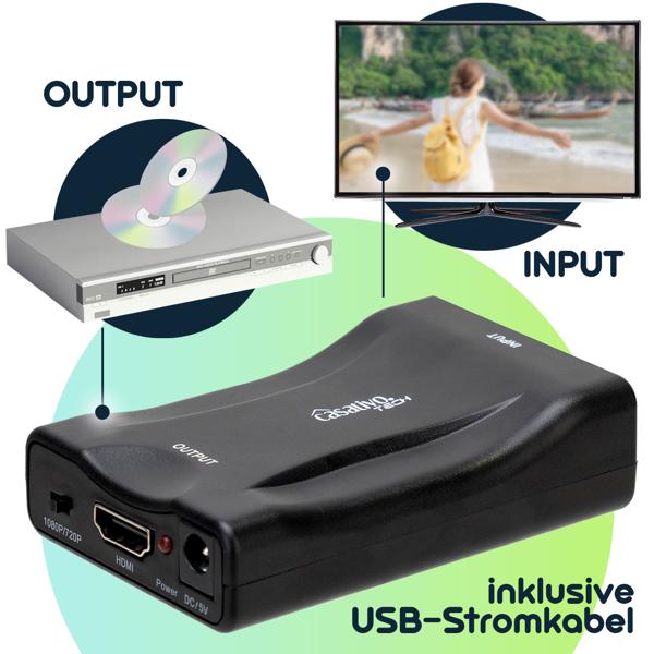 Scart zu HDMI Konverter, 720p/1080p, inkl. 1,5m Scart-Kabel – Verbinden Sie alte Geräte mit modernen HDMI-Fernsehern