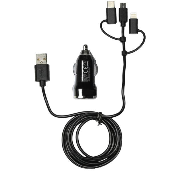 3in1 Kfz-Ladegerät - USB-C, Micro-USB & Lightning - Schwarz - 2 Ports, 1.5m Kabel - Für Smartphones, Tablets & Digitalkameras
