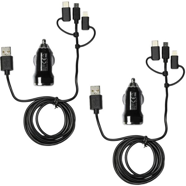 2er-Set 3in1 Kfz-Ladegerät - Lädt Smartphones, Tablets - USB-C, Micro-USB, Lightning - 12/24V Eingang, 5V 2.4A Ausgang, 1.5m Kabel, schwarz