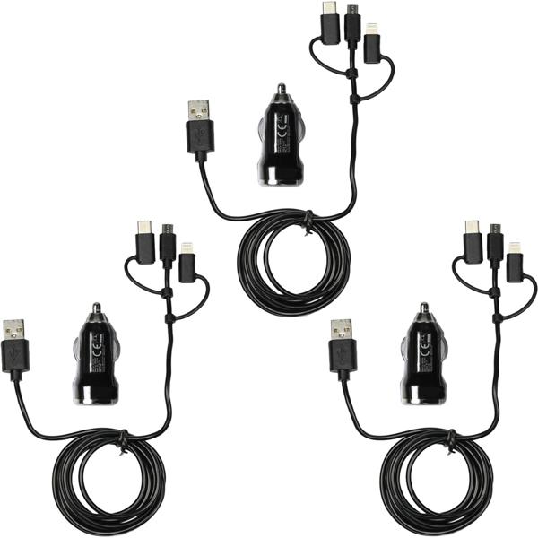 3er-Set 3in1 Kfz-Ladegerät - USB-C, Micro-USB & Lightning Anschlüsse - Schnellladung 12/24V 5V 2.4A - 2 Ports - 1.5m Kabel Schwarz