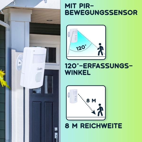 2er-Set Kabelloser Funk-Bewegungsmelder mit Klingel, PIR-Sensor, 8m Reichweite. Batteriebetriebener Durchgangsmelder mit Empfänger, einfach installiert