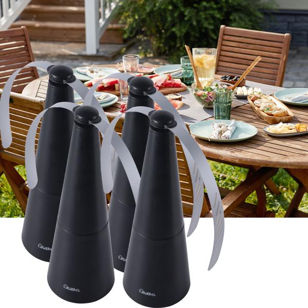 4er Akku-Fliegenvertreiber mit 2 Flügeln, tierfreundlicher Fliegenwedler ohne Chemie, Li-Ion Akku, Hinstellen, Aufhängen auf Balkon, Terrasse, im Garten