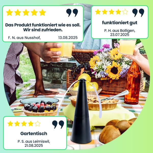 4er Akku-Fliegenvertreiber mit 2 Flügeln, tierfreundlicher Fliegenwedler ohne Chemie, Li-Ion Akku, Hinstellen, Aufhängen auf Balkon, Terrasse, im Garten