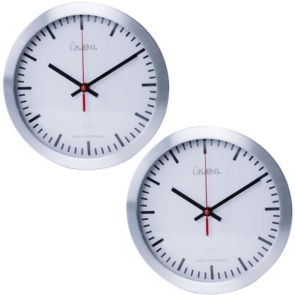 2er-Set Elegante Funk-Wanduhr (Ø 25 cm) mit präzisem Quarz-Uhrwerk – Aluminiumgehäuse, geräuscharm – Zeitloses Design für jeden Raum