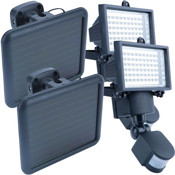 2er Solar LED Wand Fluter für aussen, PIR-Sensor 180° , 12 W, besonders helle 750 Lumen, IP44, autark dank Solarpanel, angenehmes weisses Licht