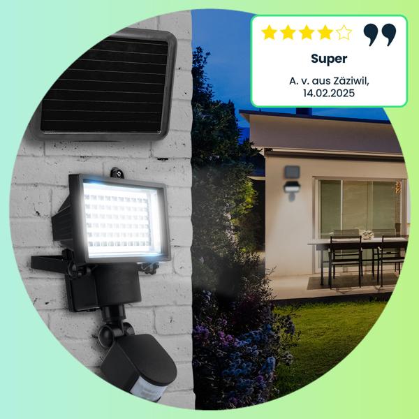 2er Solar LED Wand Fluter für aussen, PIR-Sensor 180° , 12 W, besonders helle 750 Lumen, IP44, autark dank Solarpanel, angenehmes weisses Licht