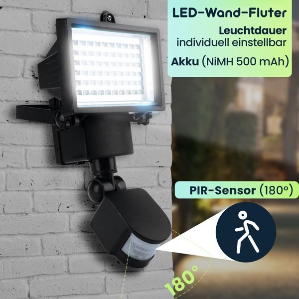 2er Solar LED Wand Fluter für aussen, PIR-Sensor 180° , 12 W, besonders helle 750 Lumen, IP44, autark dank Solarpanel, angenehmes weisses Licht