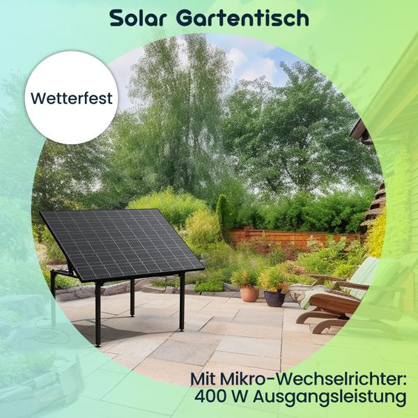 Solar Gartentisch mit 410W & Wechselrichter – Tisch-Kraftwerk für Balkon & Garten – Wetterfeste, nachhaltige Energiequelle mit App