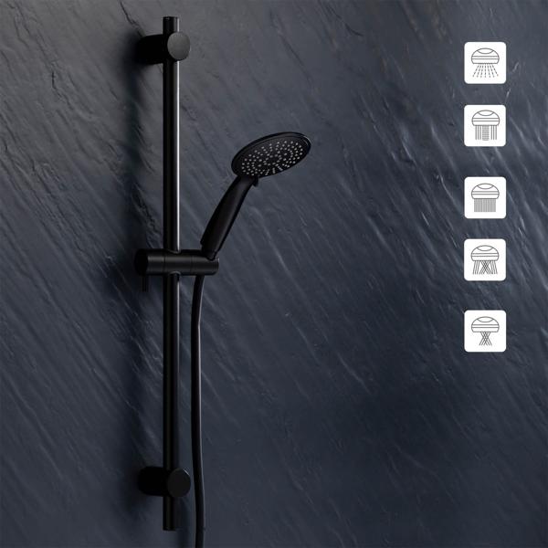 Duschset Schwarz - Handbrause, Schlauch, Wandhalterung - 5 Strahlarten, 1.5m Schlauch - Wassersparend bis 40%, Kunststoff, Ø 11x24 cm