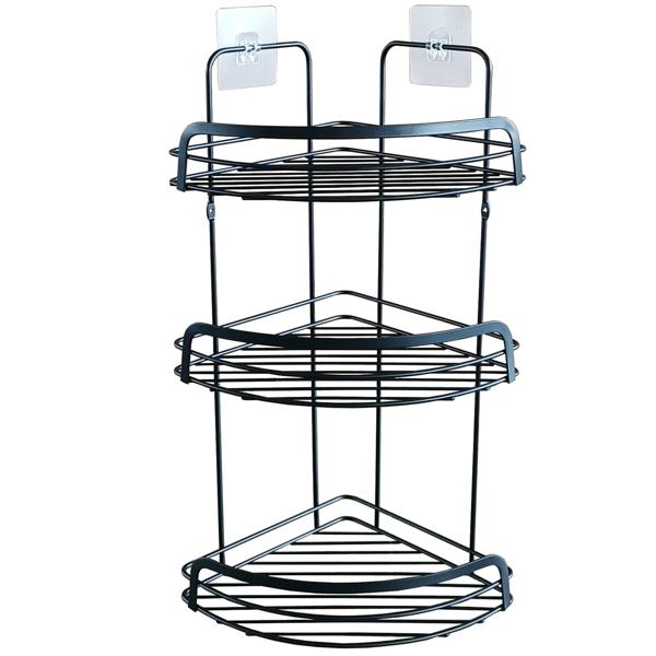 Duschkorb Eckregal aus Metall - 3 Etagen - Schwarz - Wandmontage ohne Bohren - 22,8x29,8x49 cm - Max. 3 kg Belastbarkeit - Bad & Dusche