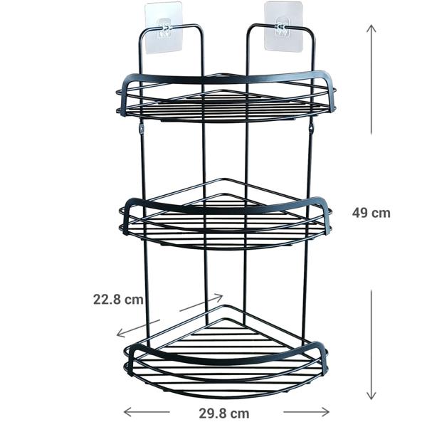 Duschkorb Eckregal aus Metall - 3 Etagen - Schwarz - Wandmontage ohne Bohren - 22,8x29,8x49 cm - Max. 3 kg Belastbarkeit - Bad & Dusche