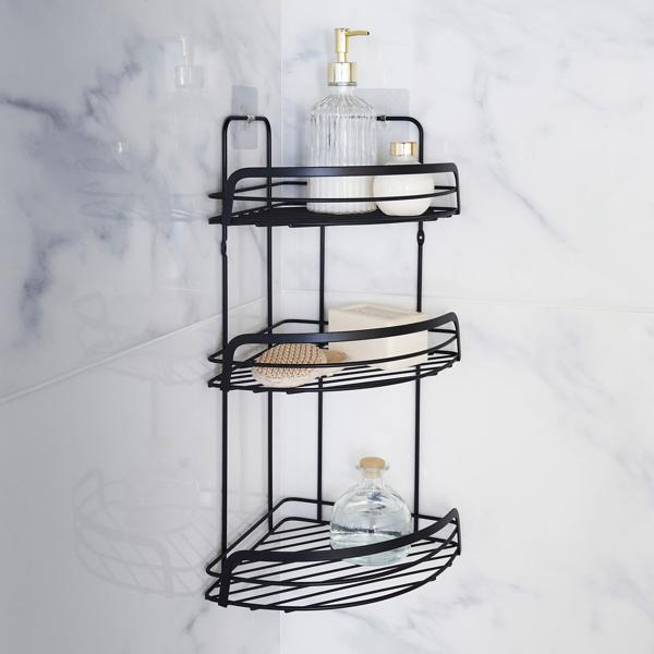 Duschkorb Eckregal aus Metall - 3 Etagen - Schwarz - Wandmontage ohne Bohren - 22,8x29,8x49 cm - Max. 3 kg Belastbarkeit - Bad & Dusche