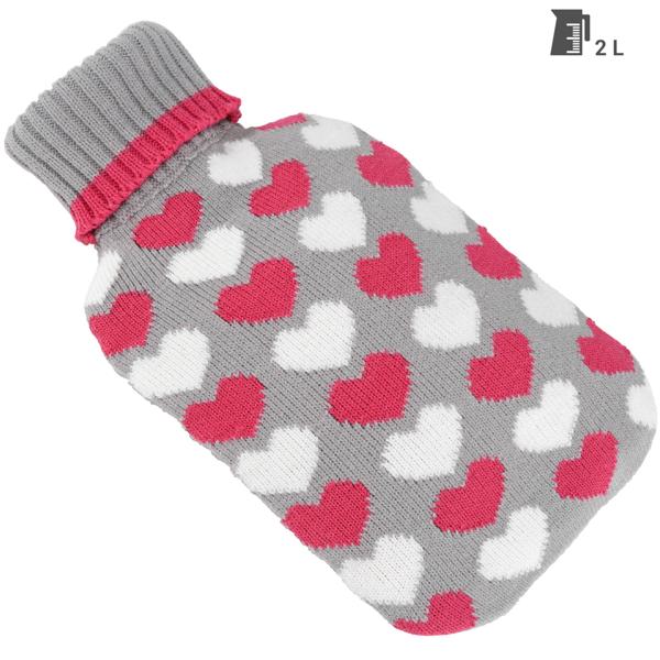 Wärmflasche mit Herz-Bezug - 2 Liter Fassungsvermögen - Bettwärmer, Schmerzlinderung, Kühlung im Sommer - Für Kinder und Erwachsene