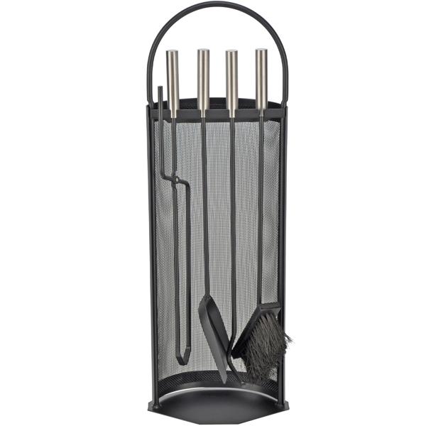 4-teiliges Kaminbesteck, schwarz, inkl. Ständer – Komplette Kamingarnitur mit Feger, Schaufel, Schürhaken & Zange für entspannte Kamin-Arbeit