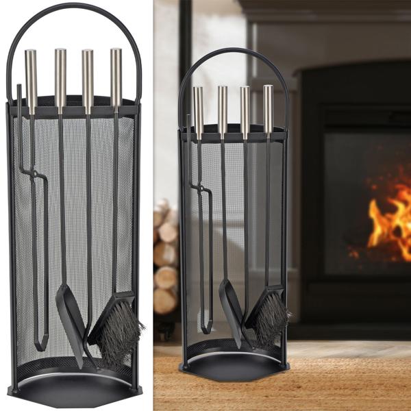 4-teiliges Kaminbesteck, schwarz, inkl. Ständer – Komplette Kamingarnitur mit Feger, Schaufel, Schürhaken & Zange für entspannte Kamin-Arbeit